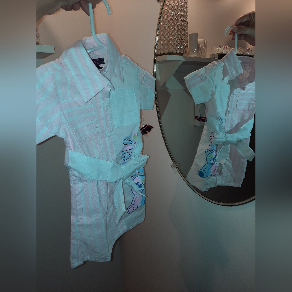 Striped Pink Kids Dress with Bear Print